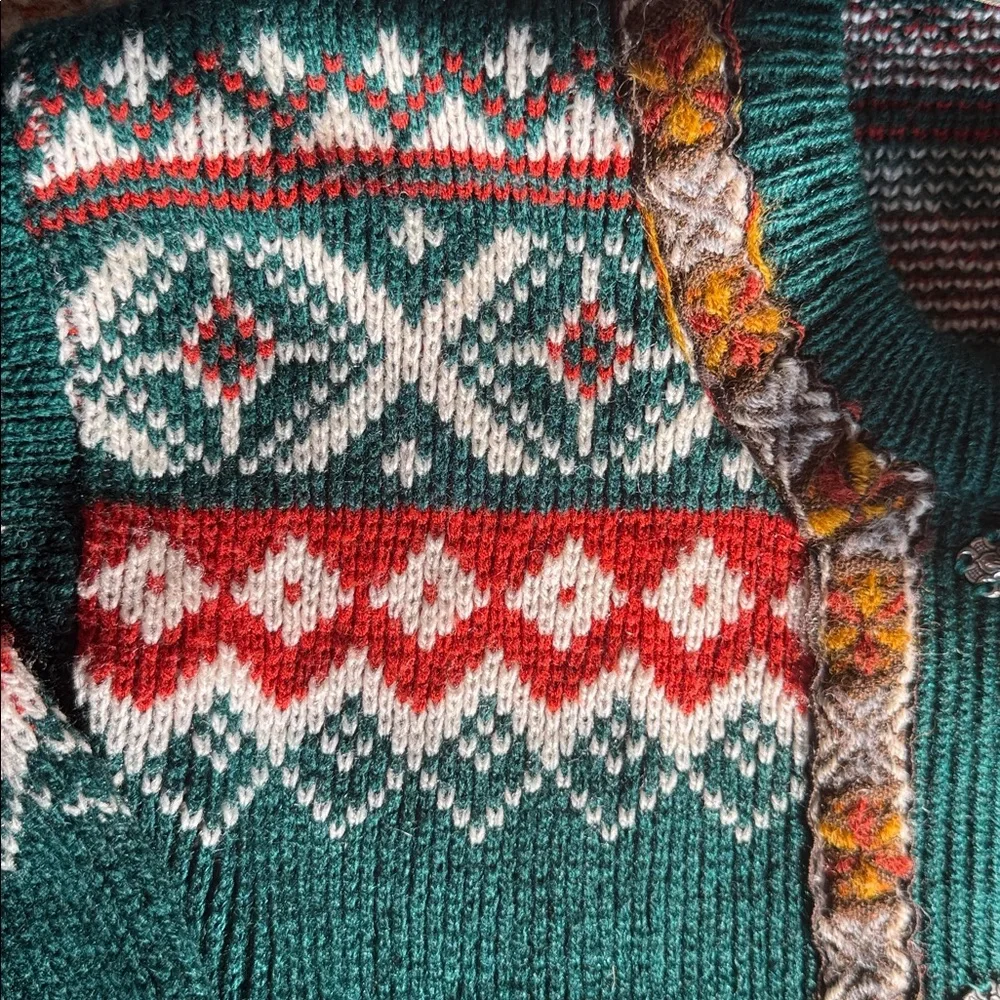 This is a vintage 90s Eddie Bauer Nordic wool blend cardigan sweater in green